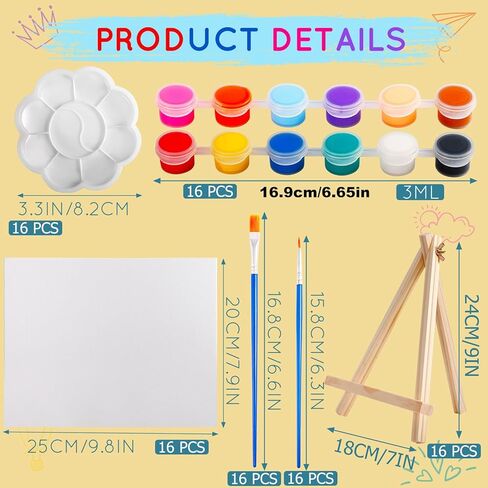 16 Set Canvas Panels and Easel Painting Kit,8 x 10 in Painting Canvases with Easel,16 Acrylic Paint Strips with 32 Brushes,16 Palettes,Art Painting Kits for Birthday Party Favors in Kuwait