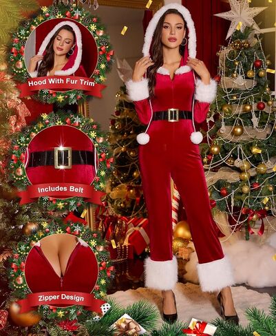 RSLOVE Women's Christmas Jumpsuit - Velvet Santa Costume Faux Fur Trim One Piece Holiday Xmas Outfit with Belt Red in Saudi Arabia