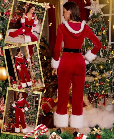 RSLOVE Women's Christmas Jumpsuit - Velvet Santa Costume Faux Fur Trim One Piece Holiday Xmas Outfit with Belt Red in Saudi Arabia