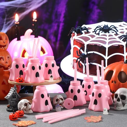Umigy 24 Pcs Halloween Cup with Lids 10 oz Halloween Party Cups for kids Ghost Mummy Skull Shaped Cup with Lid and Straw for Gift Halloween Themed Party Favor Supplies(Mummy Shaped) in Kuwait