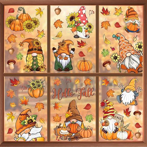9 Sheets Fall Gnome Window Cling Sticker Vintage Autumn Leaves Pumpkin Reusable Window Decals for Thanksgiving Harvest Party Home Classroom Decor in Saudi Arabia