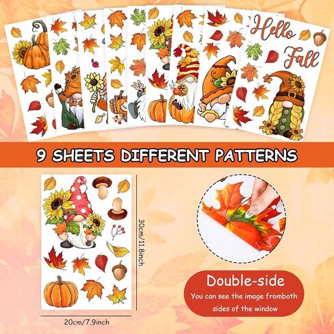 9 Sheets Fall Gnome Window Cling Sticker Vintage Autumn Leaves Pumpkin Reusable Window Decals for Thanksgiving Harvest Party Home Classroom Decor in Saudi Arabia