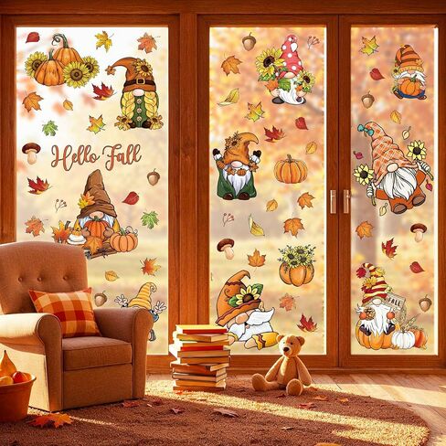9 Sheets Fall Gnome Window Cling Sticker Vintage Autumn Leaves Pumpkin Reusable Window Decals for Thanksgiving Harvest Party Home Classroom Decor in Saudi Arabia