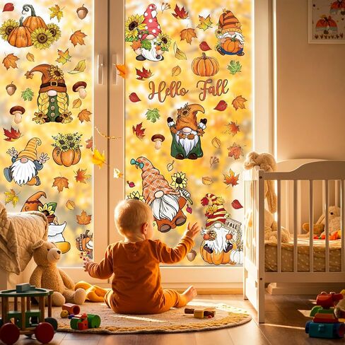 9 Sheets Fall Gnome Window Cling Sticker Vintage Autumn Leaves Pumpkin Reusable Window Decals for Thanksgiving Harvest Party Home Classroom Decor in Saudi Arabia