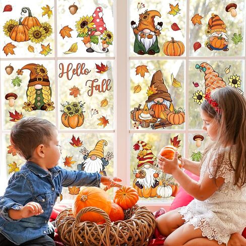 9 Sheets Fall Gnome Window Cling Sticker Vintage Autumn Leaves Pumpkin Reusable Window Decals for Thanksgiving Harvest Party Home Classroom Decor in Saudi Arabia