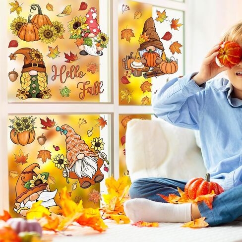 9 Sheets Fall Gnome Window Cling Sticker Vintage Autumn Leaves Pumpkin Reusable Window Decals for Thanksgiving Harvest Party Home Classroom Decor in Saudi Arabia