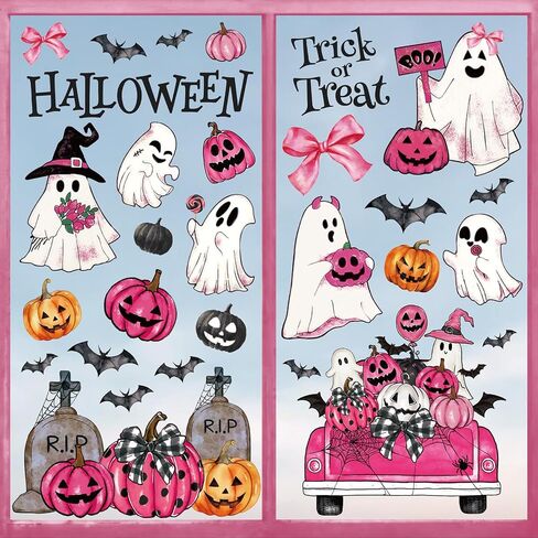 Whaline 9 Sheets Halloween Window Cling Stickers Pink Ghost Pumpkin Truck Bat Window Decals Watercolor Cartoon Reusable Decoration for Trick or Treat Party Home Office Glass Classroom in Saudi Arabia