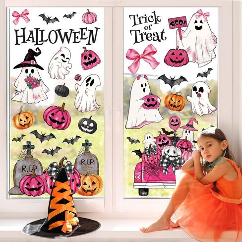 Whaline 9 Sheets Halloween Window Cling Stickers Pink Ghost Pumpkin Truck Bat Window Decals Watercolor Cartoon Reusable Decoration for Trick or Treat Party Home Office Glass Classroom in Saudi Arabia