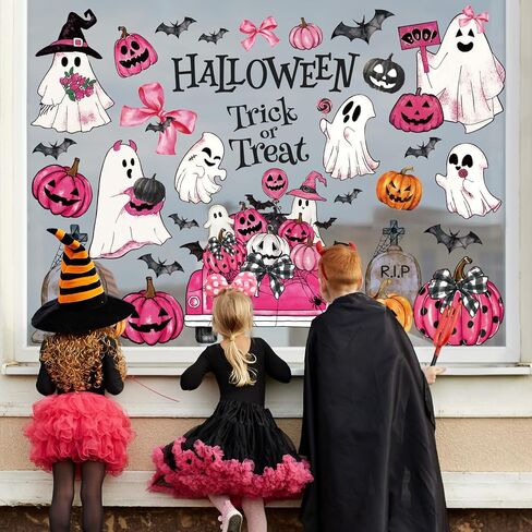 Whaline 9 Sheets Halloween Window Cling Stickers Pink Ghost Pumpkin Truck Bat Window Decals Watercolor Cartoon Reusable Decoration for Trick or Treat Party Home Office Glass Classroom in Saudi Arabia