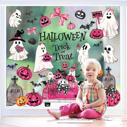 Whaline 9 Sheets Halloween Window Cling Stickers Pink Ghost Pumpkin Truck Bat Window Decals Watercolor Cartoon Reusable Decoration for Trick or Treat Party Home Office Glass Classroom in Saudi Arabia