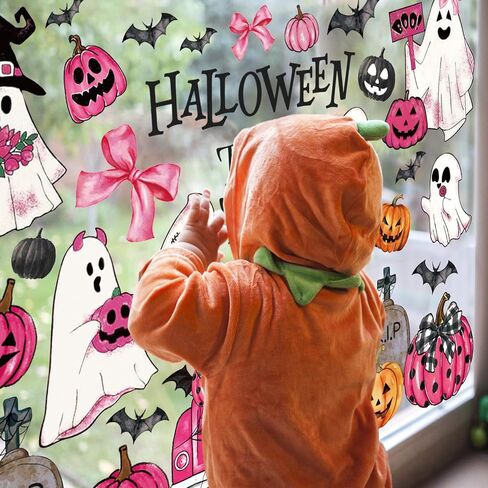 Whaline 9 Sheets Halloween Window Cling Stickers Pink Ghost Pumpkin Truck Bat Window Decals Watercolor Cartoon Reusable Decoration for Trick or Treat Party Home Office Glass Classroom in Saudi Arabia