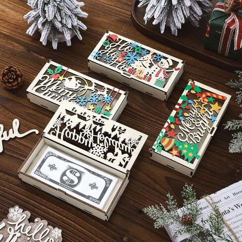 Leinuosen 4 Pcs Christmas Money Holder for Cash Xmas Wooden Card Gift Box Christmas Cash Envelope Money Holder Engraved Hollow for DIY Clip Xmas Party Gift in Kuwait
