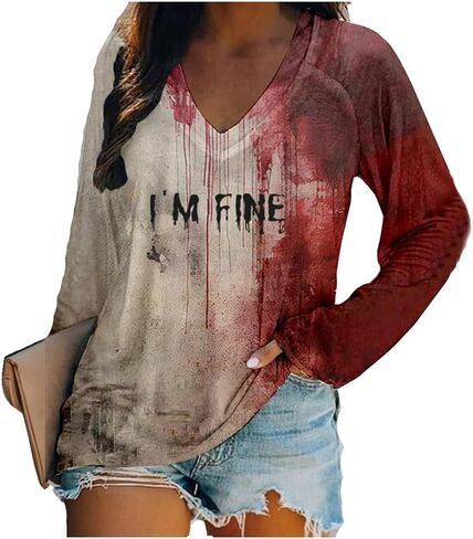 Generic تي شيرت I'M Fine Women Bloody تي شيرت بأكمام طويلة، قميص دم الهالوين، Dvpt in Kuwait