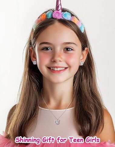 Unicorn Necklace for Girls, Initial Necklaces for Little Girls Kids Children, Hypoallergenic 925 Sterling Silver Kids Jewelry Colorful CZ Unicorn Gifts for Birthday Kindergarten Graduation Wedding in Kuwait