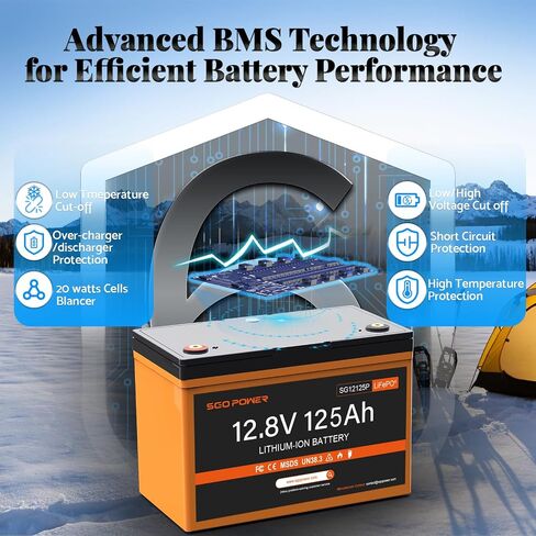 بطارية SGO 12V 125Ah RV Marine LiFePO4، بطارية ليثيوم ذات دورة عميقة من المجموعة 27، 1280 وات كحد أقصى. 15000 دورة تطبيق بلوتوث 100 أمبير BMS، زر خارجي للنظام الشمسي، العربة، محرك الصيد، طاقة احتياطية in Saudi Arabia