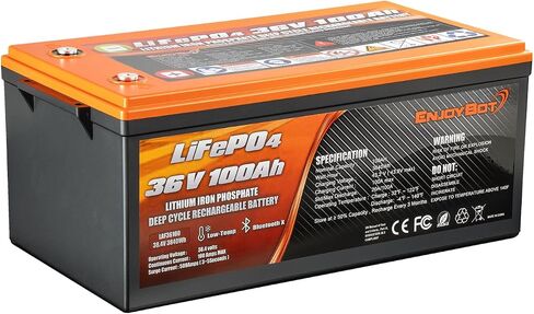 بطارية ليثيوم Enjoybot 36V 100Ah LiFePO4، مدمجة 100A BMS ومزودة بتقنية Bluetooth، وظيفة قطع درجة الحرارة المنخفضة وتيار الذروة 500A، عمر 10 سنوات مثالي لعربة الجولف، RV، محرك التصيد، الطاقة الشمسية in Kuwait