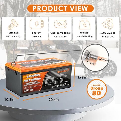 بطارية ليثيوم Enjoybot 36V 100Ah LiFePO4، مدمجة 100A BMS ومزودة بتقنية Bluetooth، وظيفة قطع درجة الحرارة المنخفضة وتيار الذروة 500A، عمر 10 سنوات مثالي لعربة الجولف، RV، محرك التصيد، الطاقة الشمسية in Kuwait