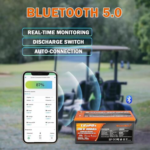 بطارية ليثيوم Enjoybot 36V 100Ah LiFePO4، مدمجة 100A BMS ومزودة بتقنية Bluetooth، وظيفة قطع درجة الحرارة المنخفضة وتيار الذروة 500A، عمر 10 سنوات مثالي لعربة الجولف، RV، محرك التصيد، الطاقة الشمسية in Kuwait