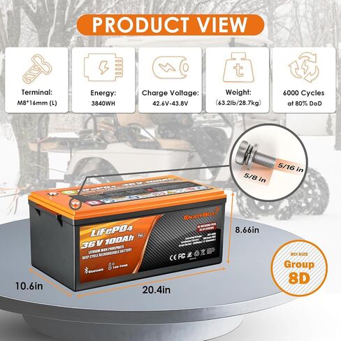 بطارية ليثيوم Enjoybot 36V 100Ah LiFePO4، مدمجة 100A BMS ومزودة بتقنية Bluetooth، وظيفة قطع درجة الحرارة المنخفضة وتيار الذروة 500A، عمر 10 سنوات مثالي لعربة الجولف، RV، محرك التصيد، الطاقة الشمسية in Saudi Arabia