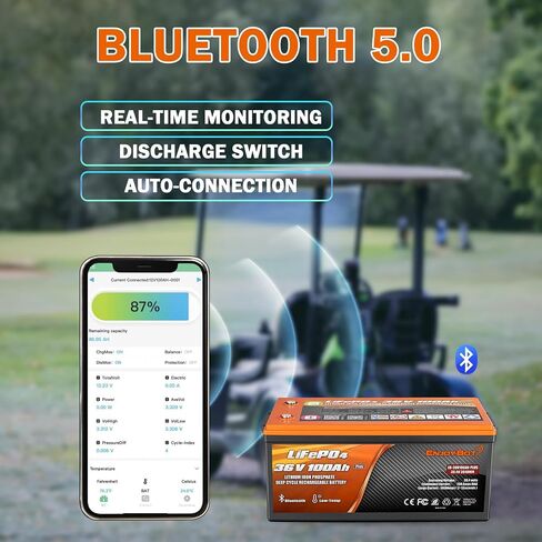 بطارية ليثيوم Enjoybot 36V 100Ah LiFePO4، مدمجة 100A BMS ومزودة بتقنية Bluetooth، وظيفة قطع درجة الحرارة المنخفضة وتيار الذروة 500A، عمر 10 سنوات مثالي لعربة الجولف، RV، محرك التصيد، الطاقة الشمسية in Saudi Arabia