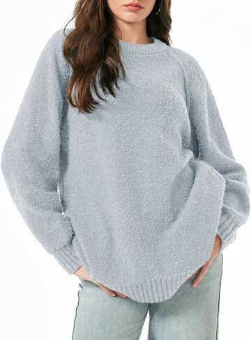 Saodimallsu Womens Oversized Sweater 2024 Fall Trendy Fuzzy Crew Neck Long Sleeve Casual Tunic Sweaters in Saudi Arabia