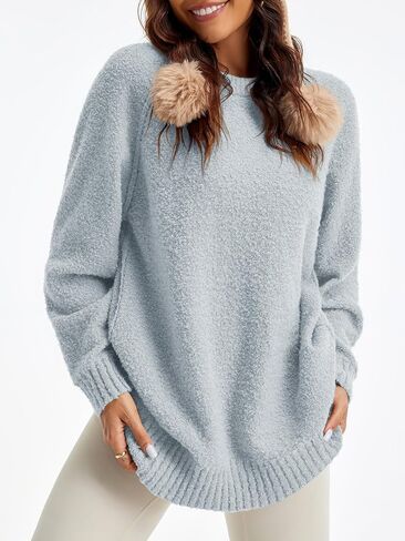 Saodimallsu Womens Oversized Sweater 2024 Fall Trendy Fuzzy Crew Neck Long Sleeve Casual Tunic Sweaters in Saudi Arabia