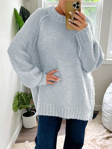 Saodimallsu Womens Oversized Sweater 2024 Fall Trendy Fuzzy Crew Neck Long Sleeve Casual Tunic Sweaters in Saudi Arabia