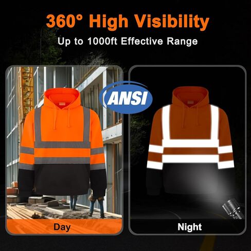 سويت شيرت HYCOPROT عالي الوضوح ANSI فئة 3 بغطاء رأس عاكس للسلامة Hi Vis بلوفر بغطاء للرأس مع جزء سفلي أسود... in Saudi Arabia