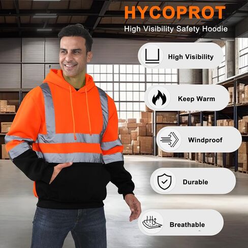 سويت شيرت HYCOPROT عالي الوضوح ANSI فئة 3 بغطاء رأس عاكس للسلامة Hi Vis بلوفر بغطاء للرأس مع جزء سفلي أسود... in Saudi Arabia