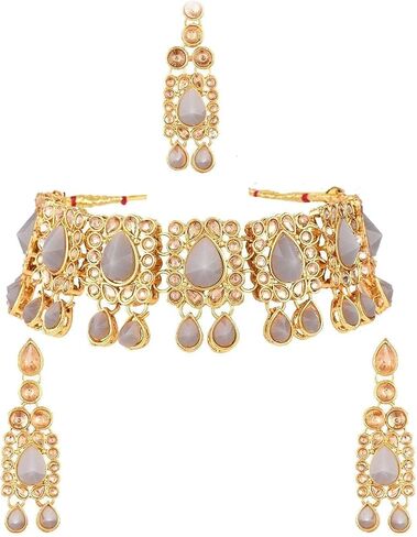 Efulgenz Kundan Set Indian Jewelry Sets for Women Bollywood Jewelry Kundan Crystal Choker Necklace Dangle Earrings Maang Tikka Head Chain Wedding Bridal Jewelry for Women in Saudi Arabia