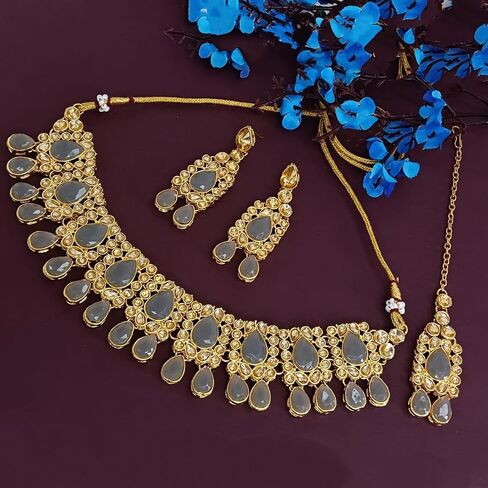Efulgenz Kundan Set Indian Jewelry Sets for Women Bollywood Jewelry Kundan Crystal Choker Necklace Dangle Earrings Maang Tikka Head Chain Wedding Bridal Jewelry for Women in Saudi Arabia