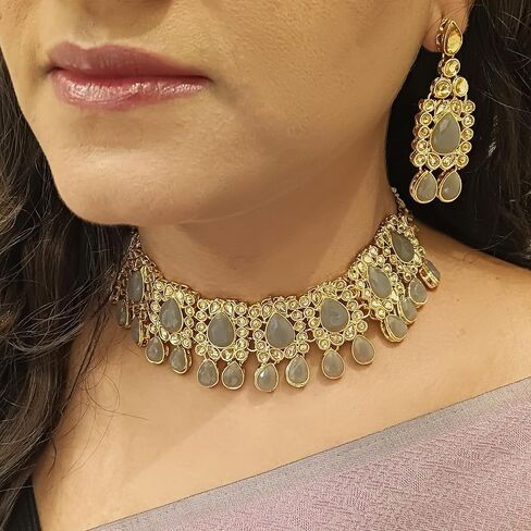 Efulgenz Kundan Set Indian Jewelry Sets for Women Bollywood Jewelry Kundan Crystal Choker Necklace Dangle Earrings Maang Tikka Head Chain Wedding Bridal Jewelry for Women in Saudi Arabia
