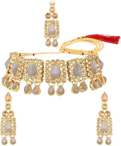 Efulgenz Kundan Set Indian Jewelry Sets for Women Bollywood Jewelry Kundan Crystal Choker Necklace Dangle Earrings Maang Tikka Head Chain Wedding Bridal Jewelry for Women in Saudi Arabia