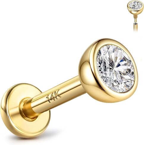 14K Solid Gold Flat Back Earring Hypoallergenic - 18G Cartilage Tragus Conch Helix Piercing Jewelry Extended Internal Thread Labret Lip Nose Stud for Women Men Simulated Diamond CZ 2/3mm in Kuwait