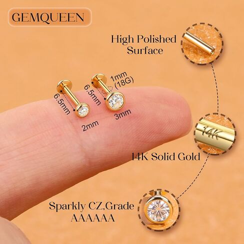 14K Solid Gold Flat Back Earring Hypoallergenic - 18G Cartilage Tragus Conch Helix Piercing Jewelry Extended Internal Thread Labret Lip Nose Stud for Women Men Simulated Diamond CZ 2/3mm in Kuwait