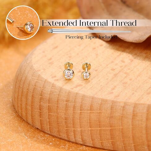 14K Solid Gold Flat Back Earring Hypoallergenic - 18G Cartilage Tragus Conch Helix Piercing Jewelry Extended Internal Thread Labret Lip Nose Stud for Women Men Simulated Diamond CZ 2/3mm in Kuwait
