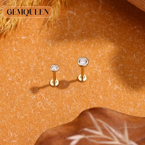 14K Solid Gold Flat Back Earring Hypoallergenic - 18G Cartilage Tragus Conch Helix Piercing Jewelry Extended Internal Thread Labret Lip Nose Stud for Women Men Simulated Diamond CZ 2/3mm in Kuwait