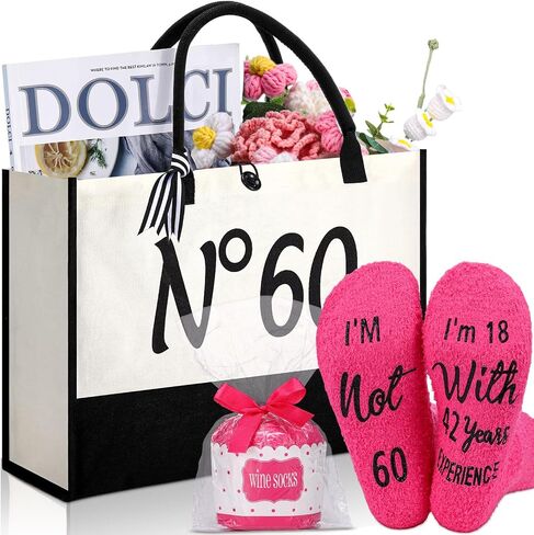 Paterr 2 Pcs 60th Birthday Gifts for Women N°60 Keepsake Beach Canvas Tote Bag Womens Socks with Funny Saying 60th Birthday Gift Bag for Mother‘s Day Grandma Her Sixty in Saudi Arabia