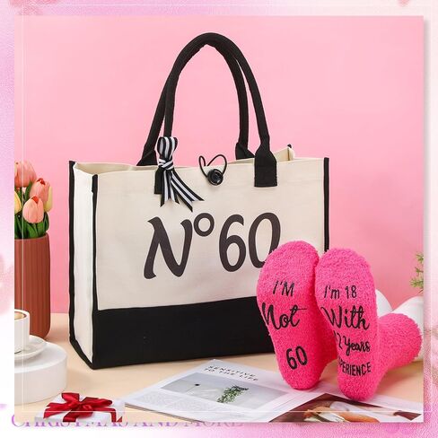 Paterr 2 Pcs 60th Birthday Gifts for Women N°60 Keepsake Beach Canvas Tote Bag Womens Socks with Funny Saying 60th Birthday Gift Bag for Mother‘s Day Grandma Her Sixty in Saudi Arabia