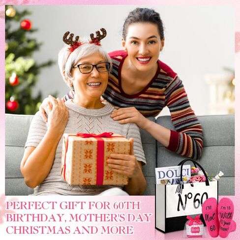 Paterr 2 Pcs 60th Birthday Gifts for Women N°60 Keepsake Beach Canvas Tote Bag Womens Socks with Funny Saying 60th Birthday Gift Bag for Mother‘s Day Grandma Her Sixty in Saudi Arabia