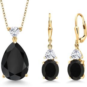 Gem Stone King 18K Yellow Gold Plated Silver Black Onyx and White Moissanite Pendant Earrings Jewelry Set For Women (16.32 Cttw, Pear Shape 18X13MM, with 18 Inch Chain) in Saudi Arabia