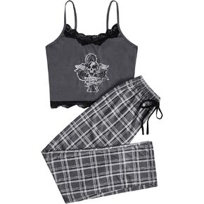 WDIRARA Women's Goth Graphic Pajama Set 2 Piece Sleepwear Cami Top and Plaid Pants Sets in Saudi Arabia