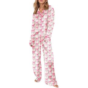 Womens Silk Satin Pajama Set Y2k Christmas Nutcracker Long Sleeve Shirt Tops and Wide Leg Pants Sleepwear in Kuwait
