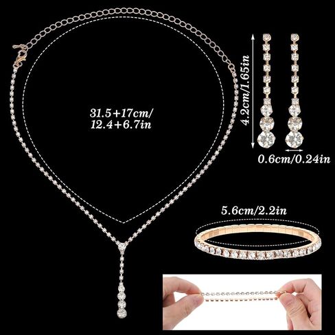 Gold Wedding Jewelry Sets for Women Gold Rhinestone Necklace Earrings Bracelet Bridesmaid Bridal Necklace for Wedding Costume Accessories for Women in Saudi Arabia
