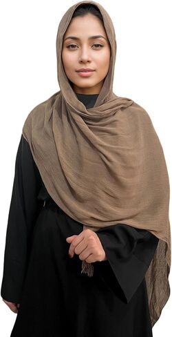 وشاح حجاب سادة من القطن والكتان للنساء، حافة مجعدة من الفسكوز الإسلامي مع هامش، شال لف الرأس للشاطئ في الصيف in Kuwait