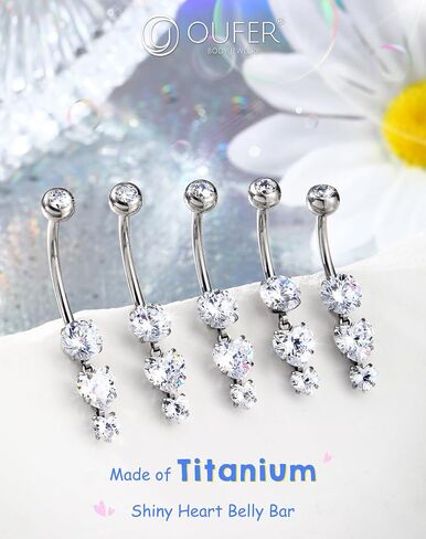 OUFER Belly Button Rings, 14G Heart Shaped Pendant Belly Button Piercing, G23 Solid Titanium Internally Threaded Belly Rings, Clear CZ Pendant Navel Piercing Jewelry For Women in Saudi Arabia