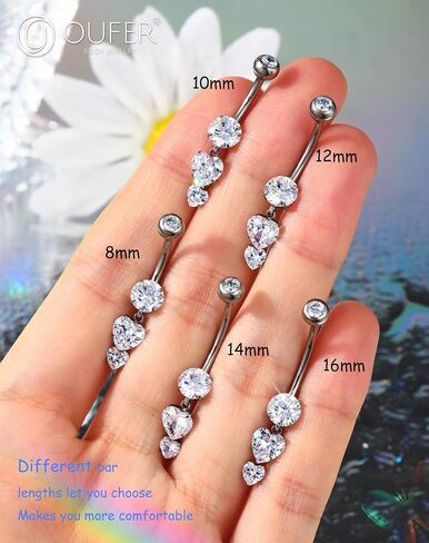 OUFER Belly Button Rings, 14G Heart Shaped Pendant Belly Button Piercing, G23 Solid Titanium Internally Threaded Belly Rings, Clear CZ Pendant Navel Piercing Jewelry For Women in Saudi Arabia