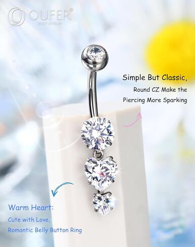 OUFER Belly Button Rings, 14G Heart Shaped Pendant Belly Button Piercing, G23 Solid Titanium Internally Threaded Belly Rings, Clear CZ Pendant Navel Piercing Jewelry For Women in Saudi Arabia