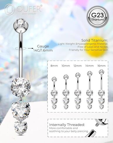 OUFER Belly Button Rings, 14G Heart Shaped Pendant Belly Button Piercing, G23 Solid Titanium Internally Threaded Belly Rings, Clear CZ Pendant Navel Piercing Jewelry For Women in Saudi Arabia