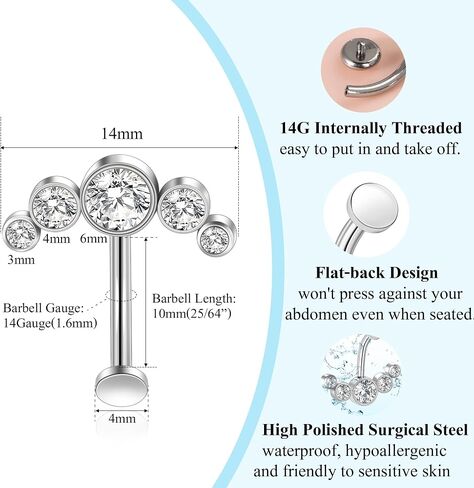 Lantine Floating Navel Piercing Jewelry Stainless Steel 14G Belly Button Rings Curved Barbell Navel Ring Cz Opal Eyebrow Lip Piercing Jewelry 10mm in Saudi Arabia